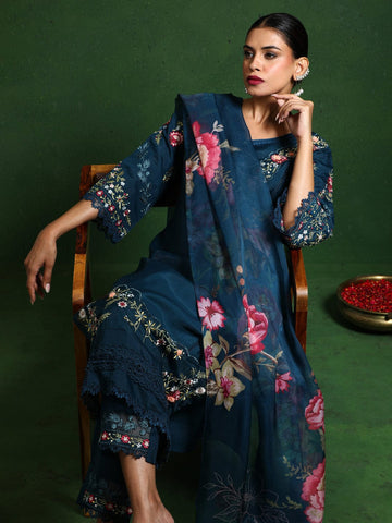 Varanga Women Floral Heavy Thread Embroidered Schffili Hem Kurta With Trouser & Dupatta